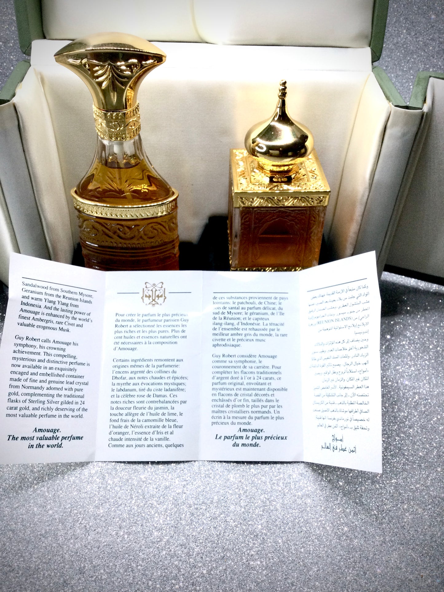 Vintage Amouage Crystal GOLD SET Bottle Plated 24k Gold / Women AND MEN 50 ML SPRAY OMAN 1983 HARD TO FIND RARE